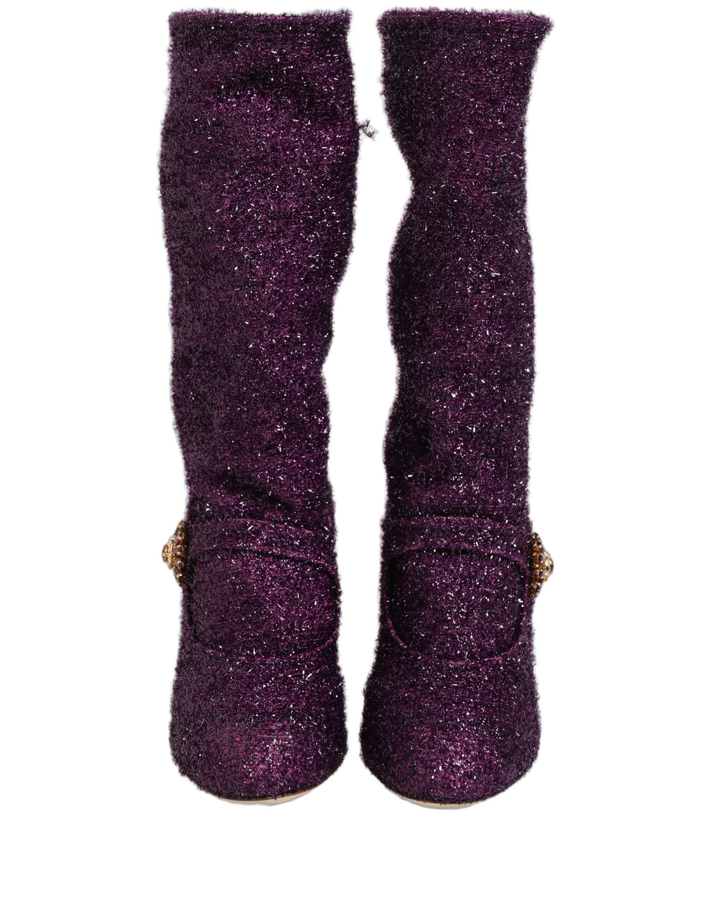 Bottes hautes Dolce & Gabbana en lurex violet avec cristaux fantaisie, style glamour et luxe.
