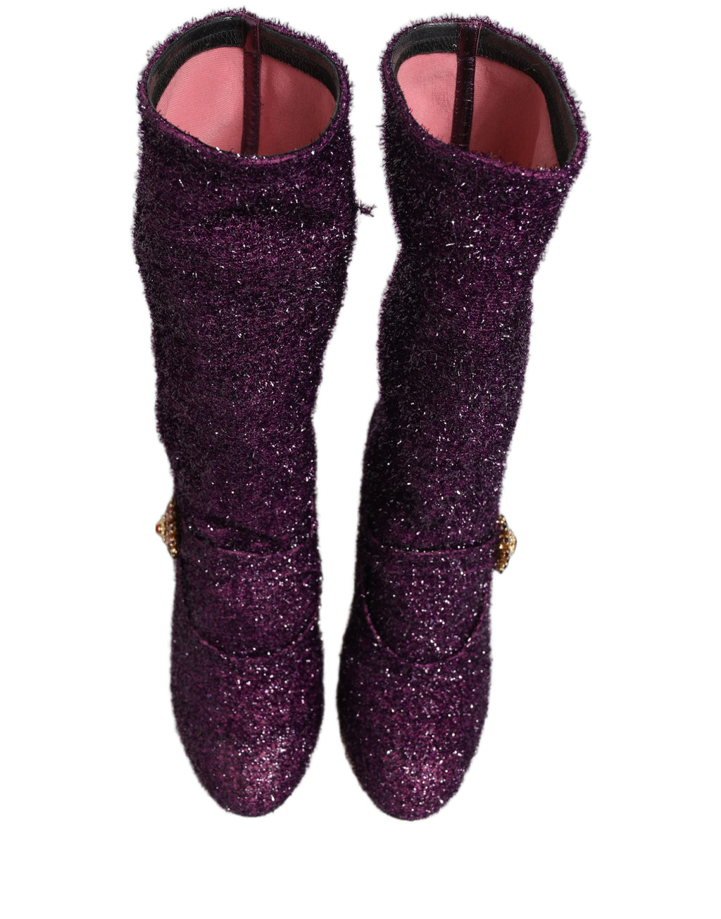 Bottes hautes Dolce & Gabbana en lurex violet avec cristaux, style fantaisie et élégant, pour femmes.