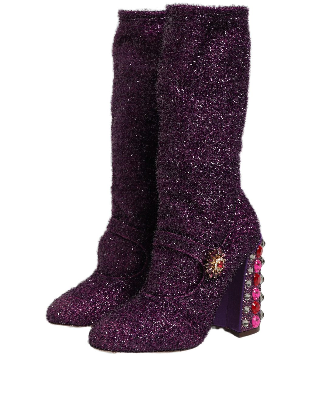 Bottes hautes Dolce & Gabbana en lurex violet avec cristaux brillants, style fantasy et élégant.
