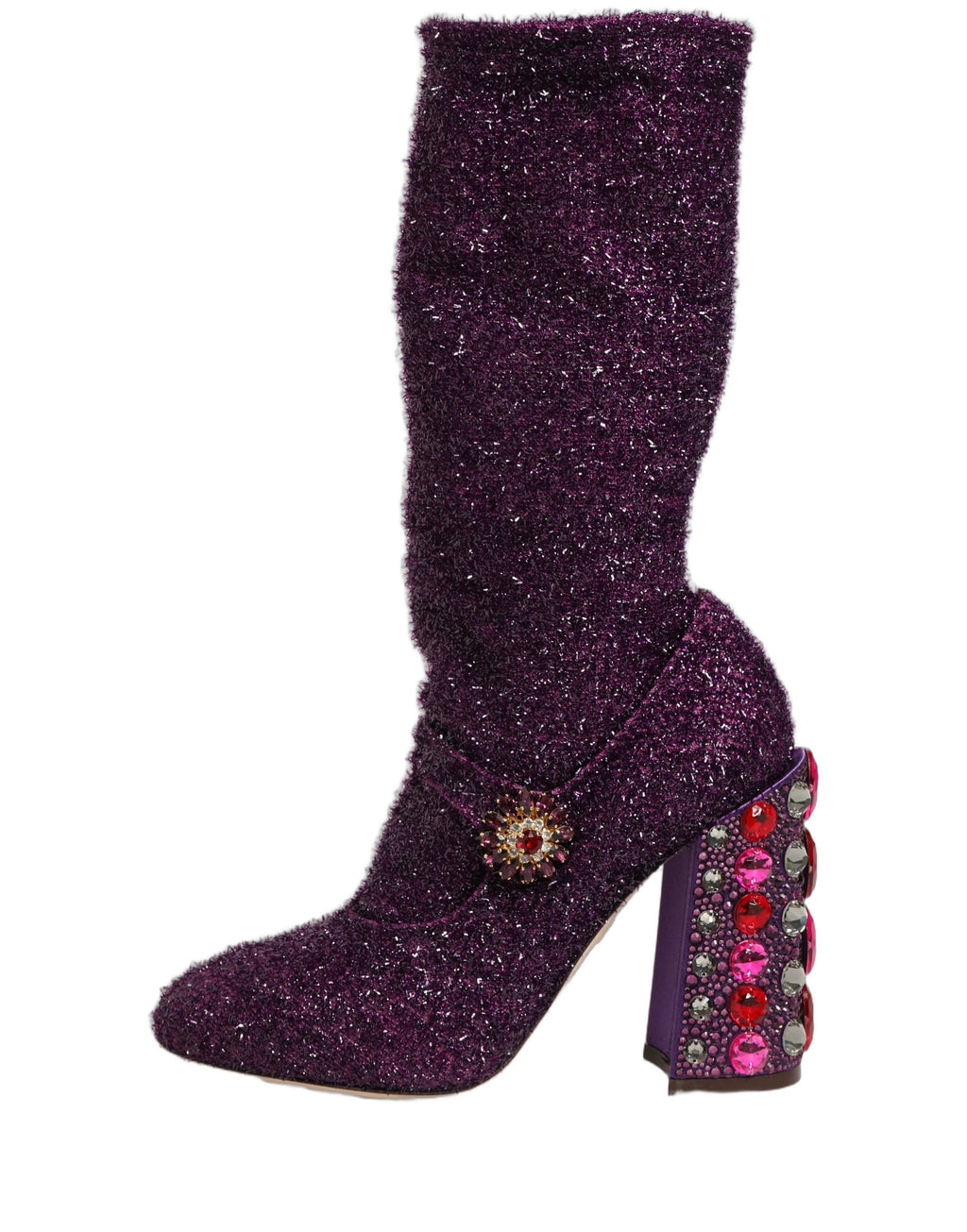 Bottes hautes Dolce & Gabbana en lurex violet avec cristaux, style fantasy et détails brillants.