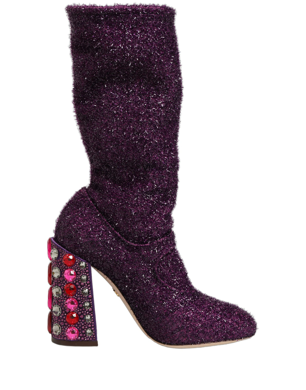 Bottes hautes Dolce & Gabbana violettes en lurex avec cristaux, style fantasy et luxe, pour femmes élégantes.