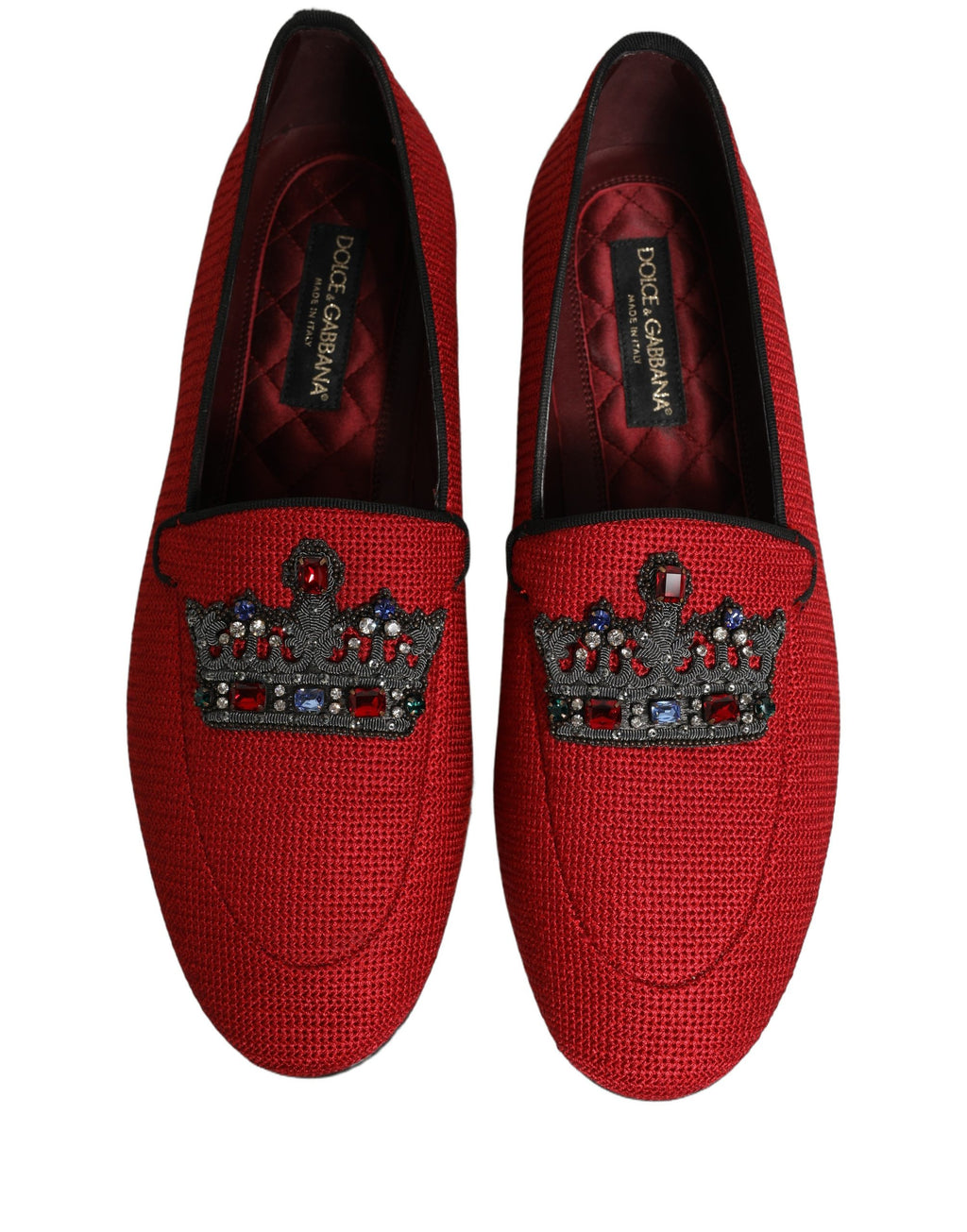 Chaussures loafers Dolce & Gabbana rouges avec couronne ornée, élégantes et sophistiquées, en cuir.