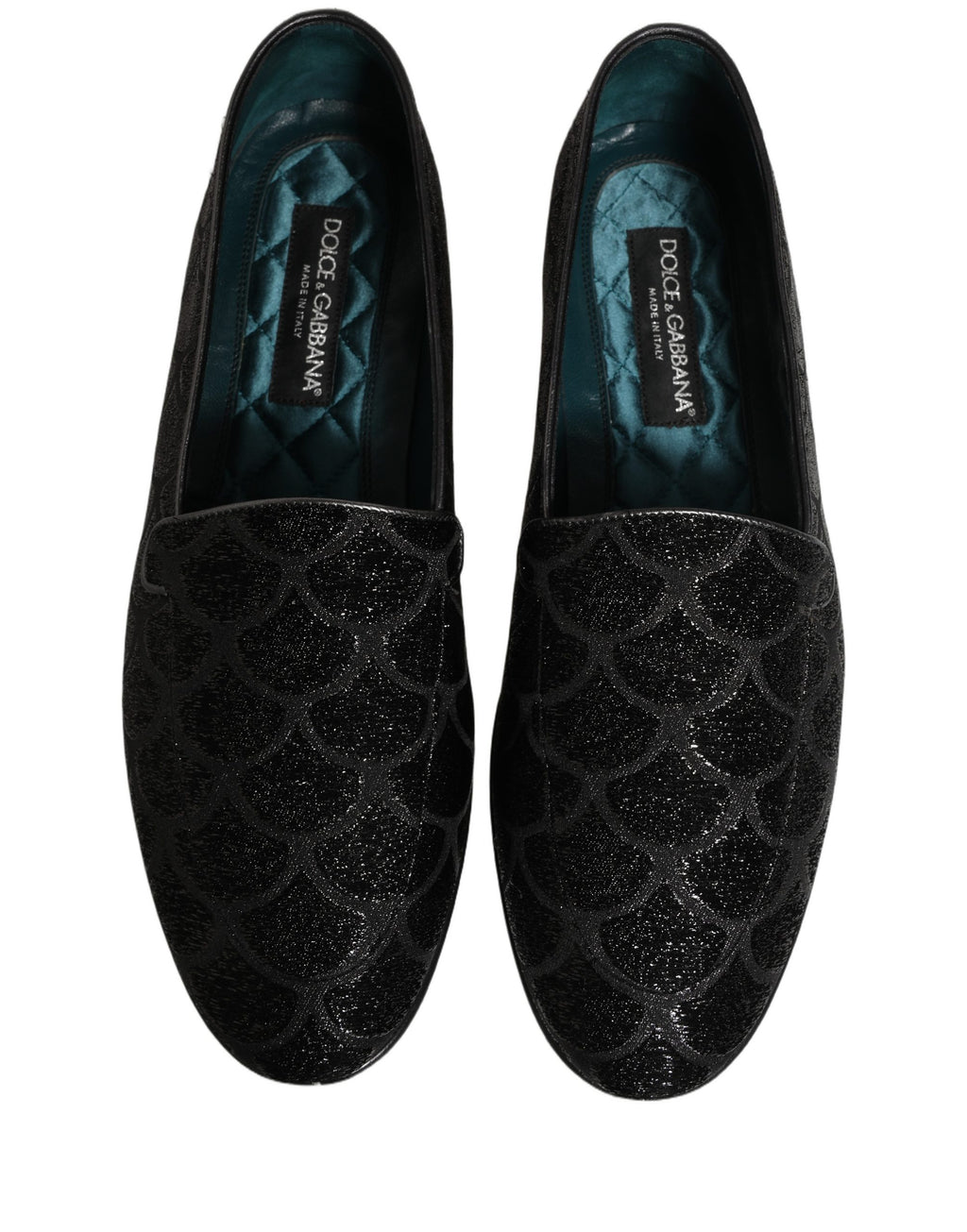 Chaussures mocassins pour homme Dolce & Gabbana en velours noir brillant et brocart, élégantes et sophistiquées.