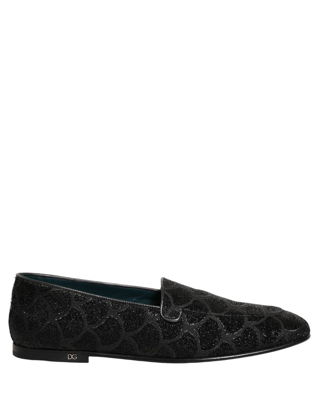 Chaussures mocassins hommes Dolce & Gabbana en brocart noir brillant avec détails en glitter et design élégant.