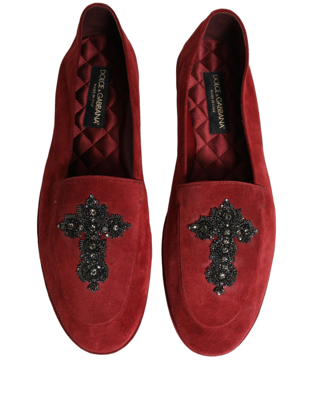 Chaussures mocassins Dolce & Gabbana en daim rouge pour femme, style croisé et slip-on, élégantes et confortables.