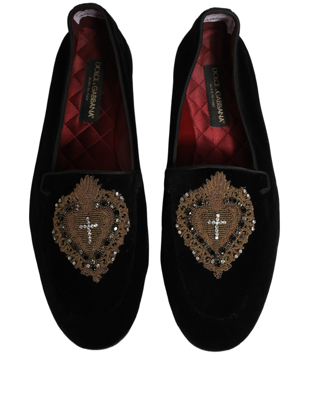 Chaussures loafers en velours noir Dolce & Gabbana Sacred Heart, élégantes et luxueuses, vues de face.