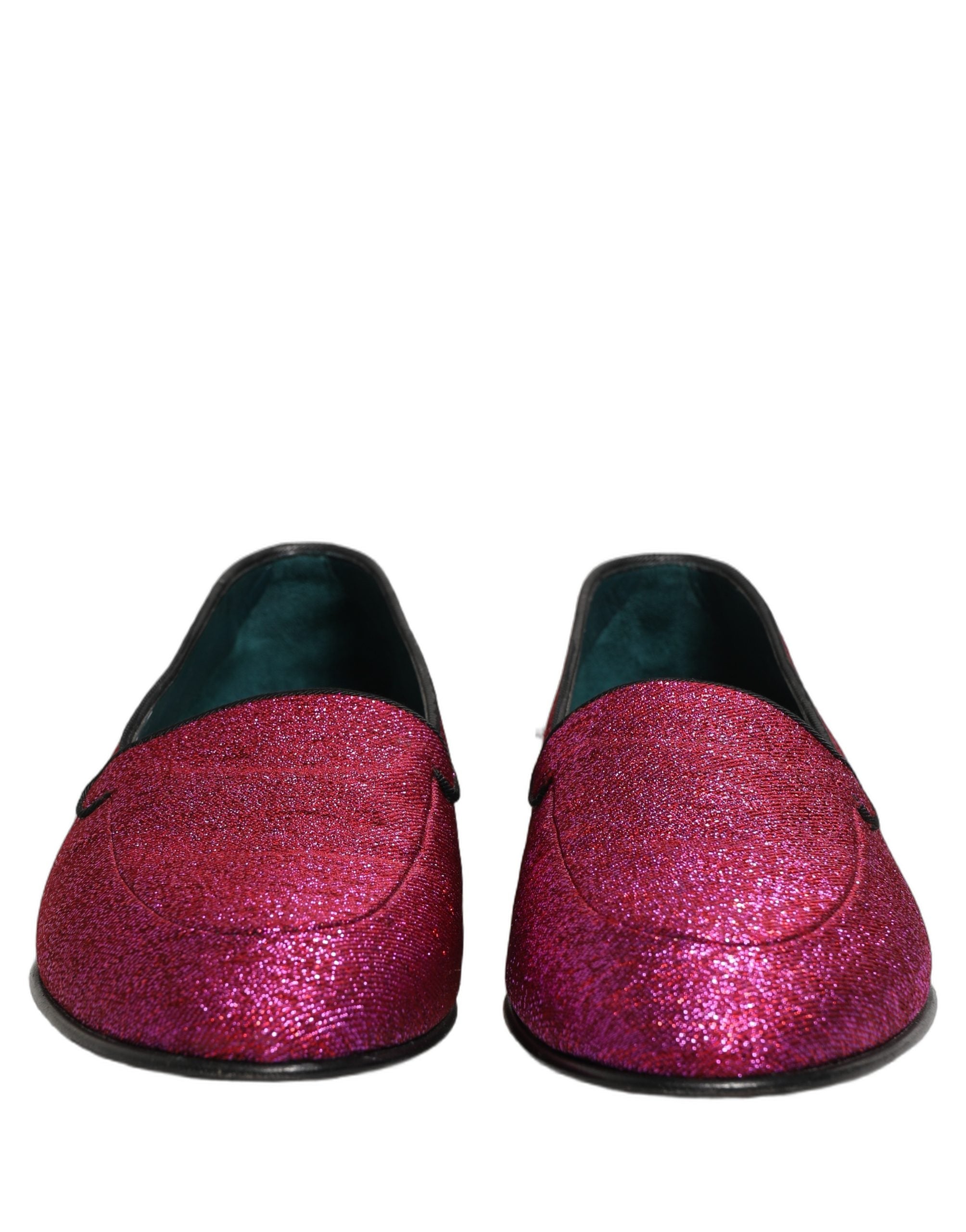 Chaussures Dolce & Gabbana, loafers roses en glitter lurex rose avec logo, style élégant et brillant.