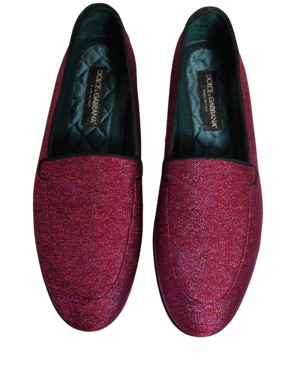 Chaussures Dolce & Gabbana loafers roses en glitter lurex avec logo rose, élégantes et brillantes, vue de face.