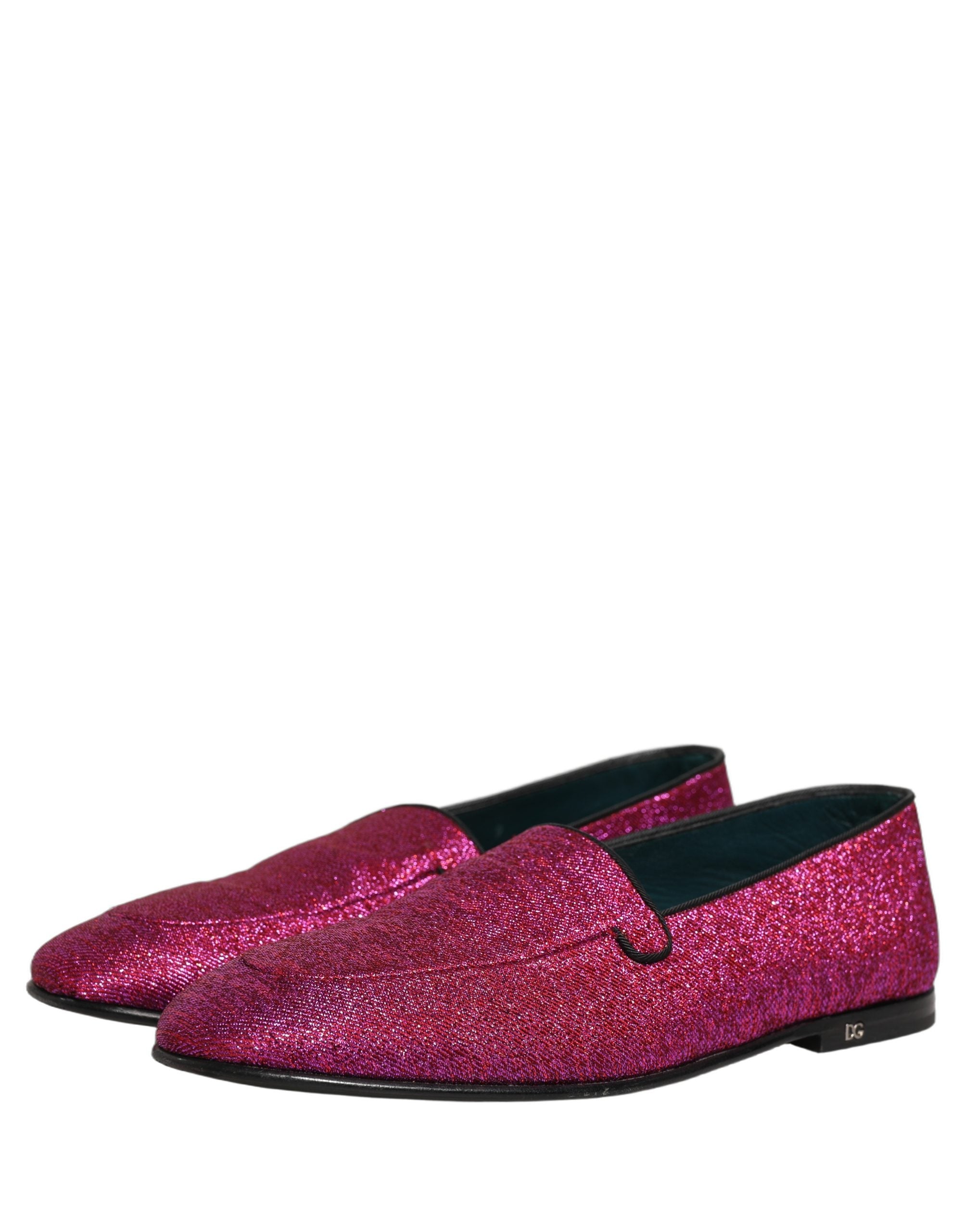 Chaussures loafers Dolce & Gabbana rose à glitter lurex avec logo, élégantes et brillantes, pour un style chic et sophistiqué.
