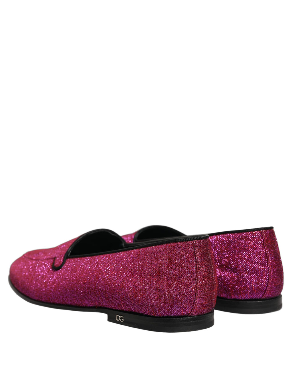 Chaussures loafers Dolce & Gabbana en glitter rose et lurex avec logo, style élégant et brillant.