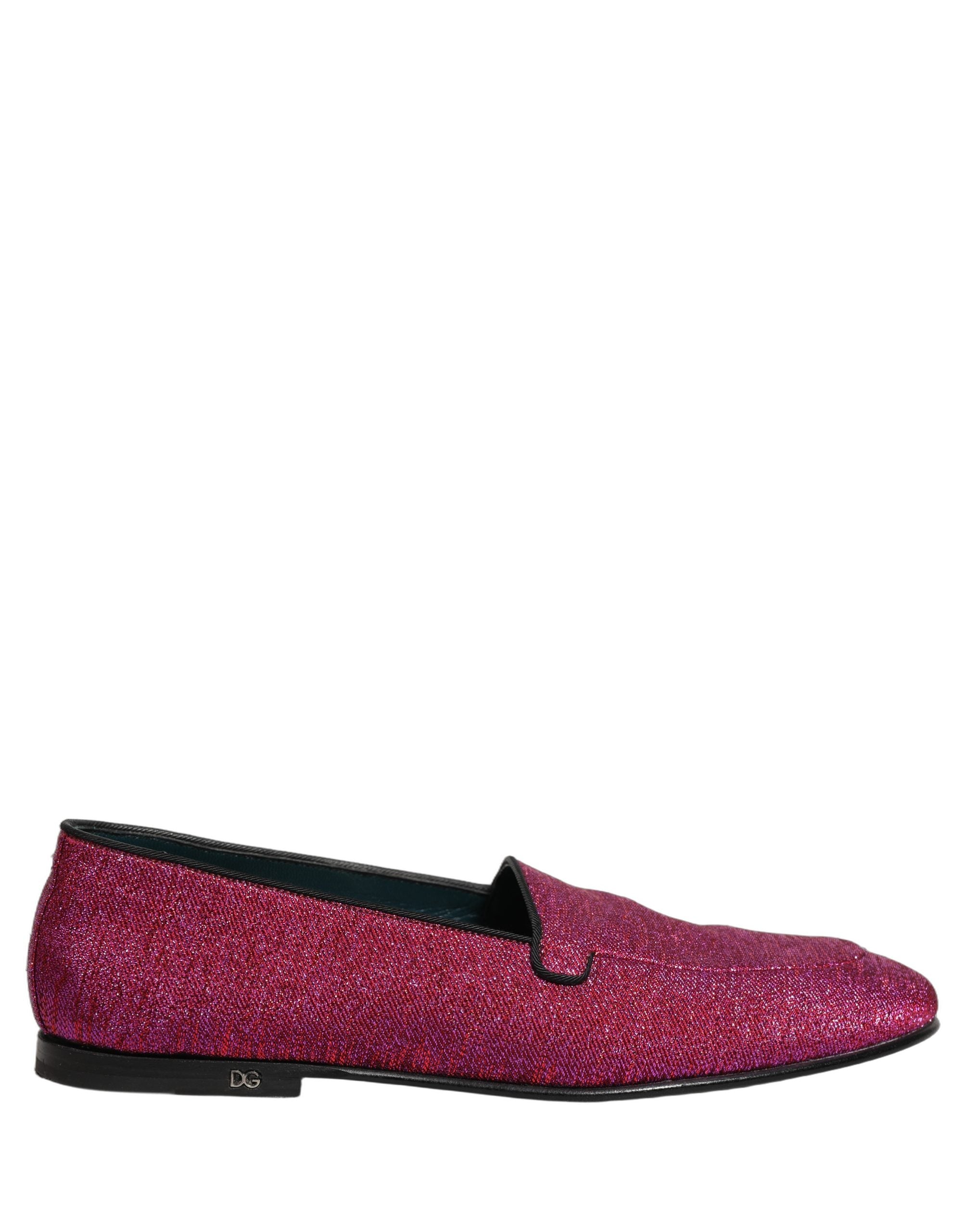 Chaussures loafers Dolce & Gabbana en glitter rose et lurex avec logo, chaussures élégantes pour femmes.