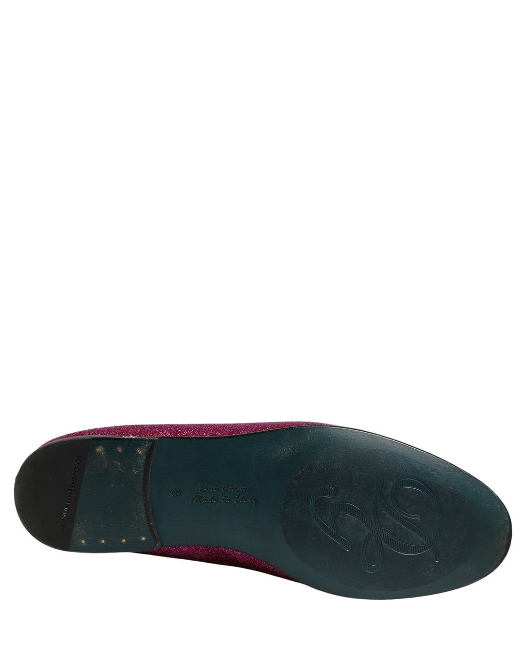 Chaussures loafers Dolce & Gabbana en glitter rose et lurex avec logo, style élégant et brillant visible sur l'image.