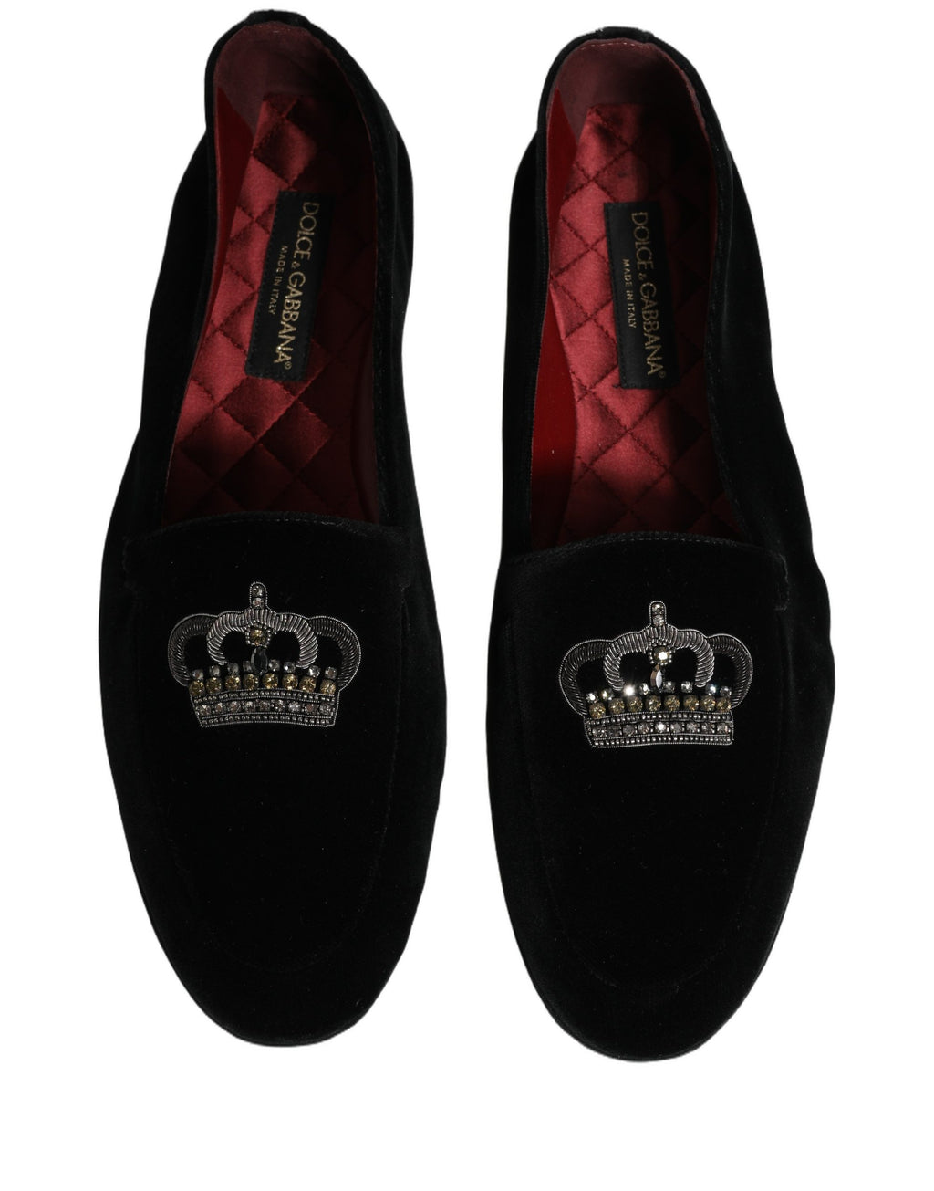 Chaussures loafers Dolce & Gabbana noires avec couronne ornée, élégantes et sophistiquées, en cuir avec détails décoratifs brillants.