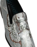 Chaussures loafers pour homme Dolce & Gabbana en velours gris avec motif baroque angel, style élégant et sophistiqué.