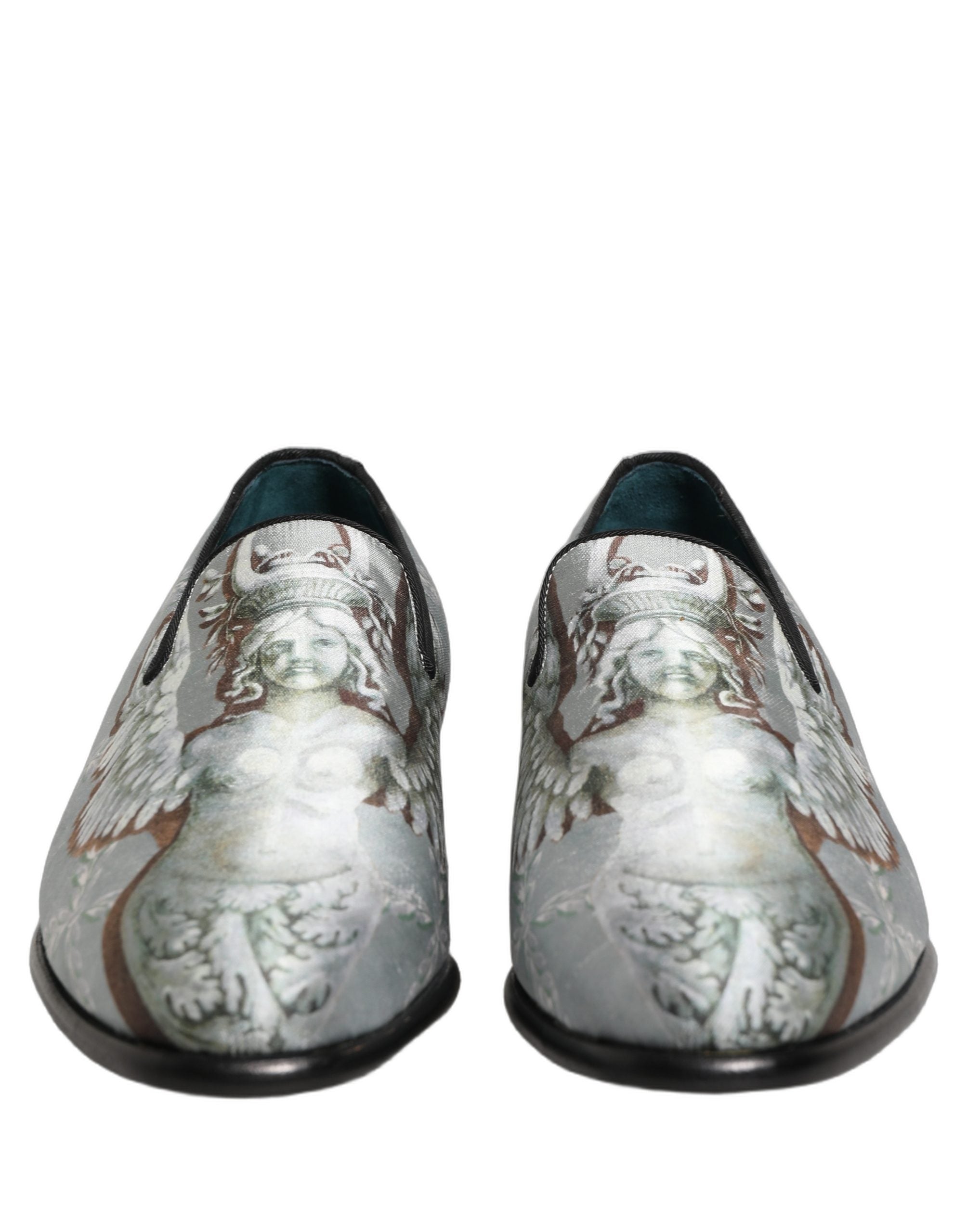 Chaussures mocassins homme Dolce & Gabbana gris en velours avec motif baroque angel, style élégant et sophistiqué.