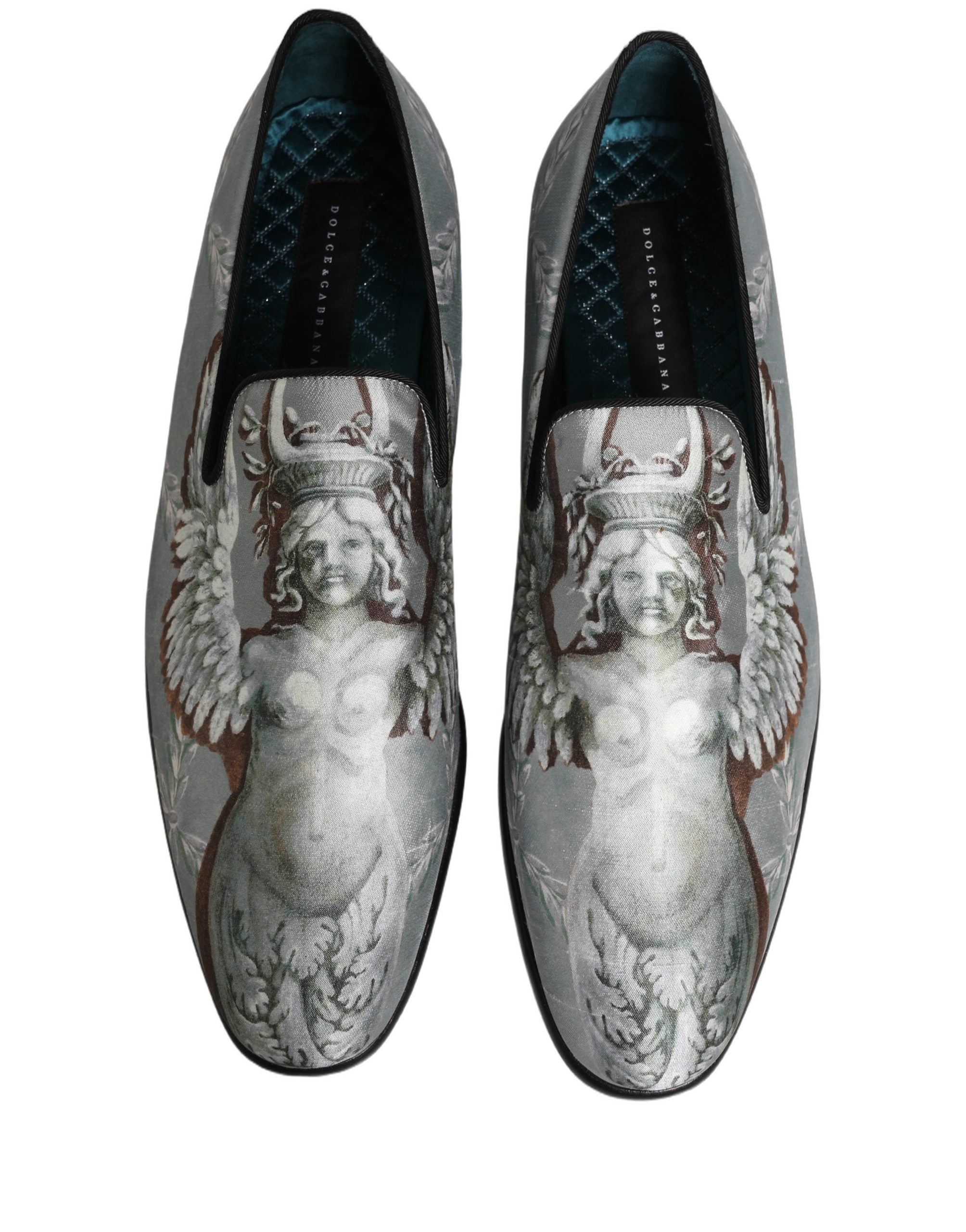 Chaussures loafers pour homme Dolce & Gabbana en velours gris à motif baroque angel, élégantes et raffinées.