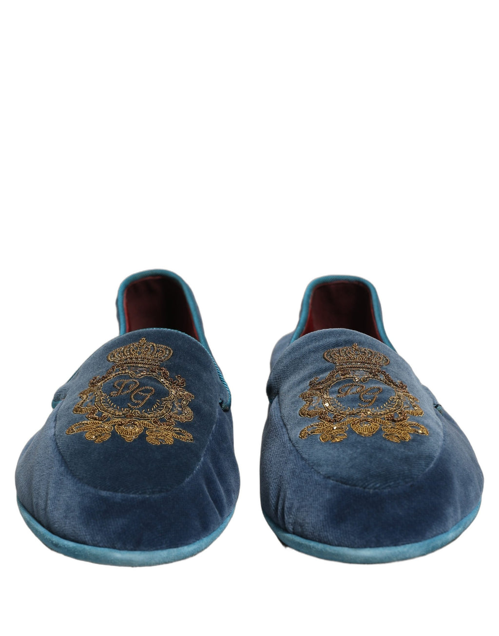 Mocassins Dolce & Gabbana en velours bleu avec broderie de couronne, chaussures élégantes en style décontracté.
