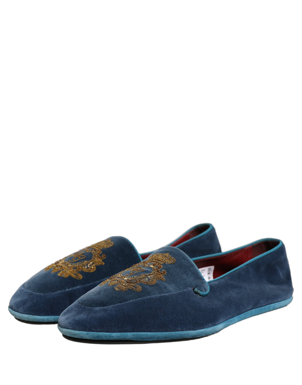 Chaussures loafers Dolce & Gabbana en velours bleu avec broderie de couronne, élégantes et sophistiquées.
