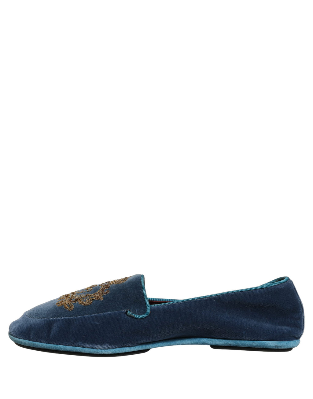 Chaussures loafers Dolce & Gabbana en velours bleu avec broderie de couronne, élégantes et sophistiquées.