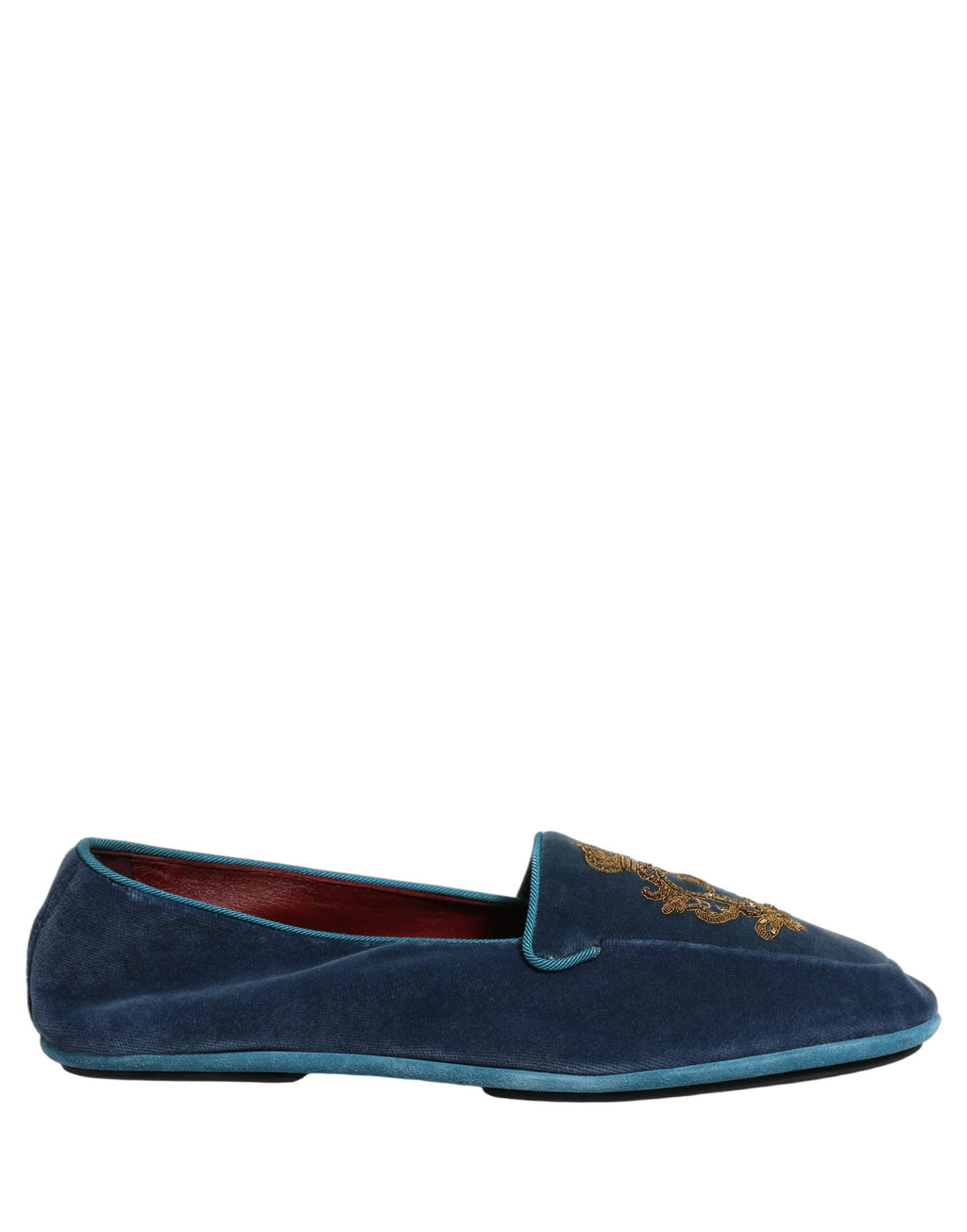 Chaussures loafers Dolce & Gabbana en velours bleu avec broderie de couronne, élégantes et raffinées.