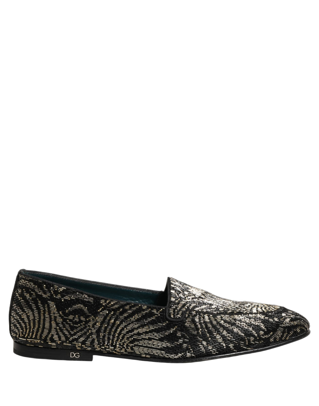 Chaussures mocassins Dolce & Gabbana noires et argentées avec embellissements, élégantes et sophistiquées, vues de face.