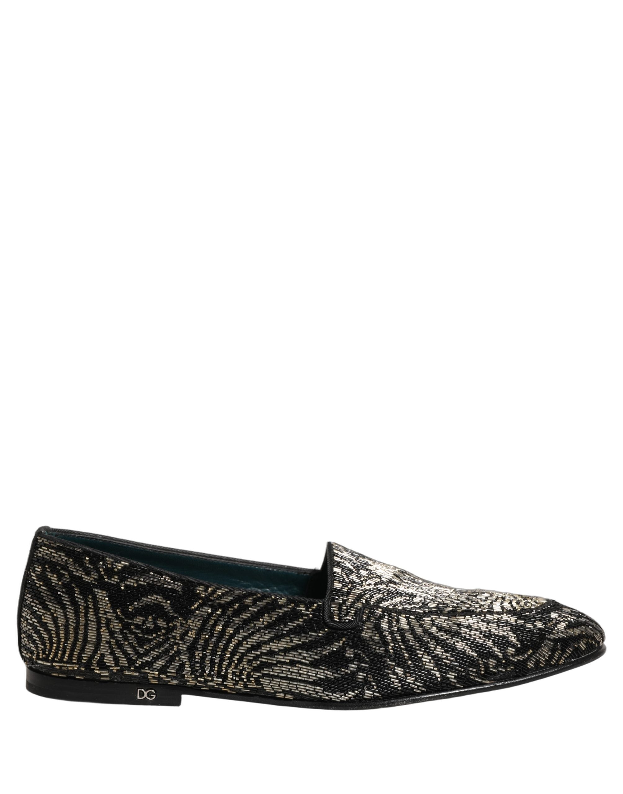 Chaussures mocassins Dolce & Gabbana noires et argentées avec embellissements, élégantes et sophistiquées, vues de face.