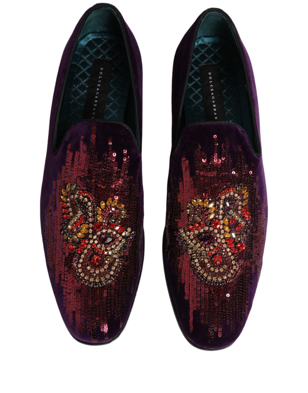 Chaussures mocassins Dolce & Gabbana Violet Velvet avec sequins et strass, détails élégants et sophistiqués.