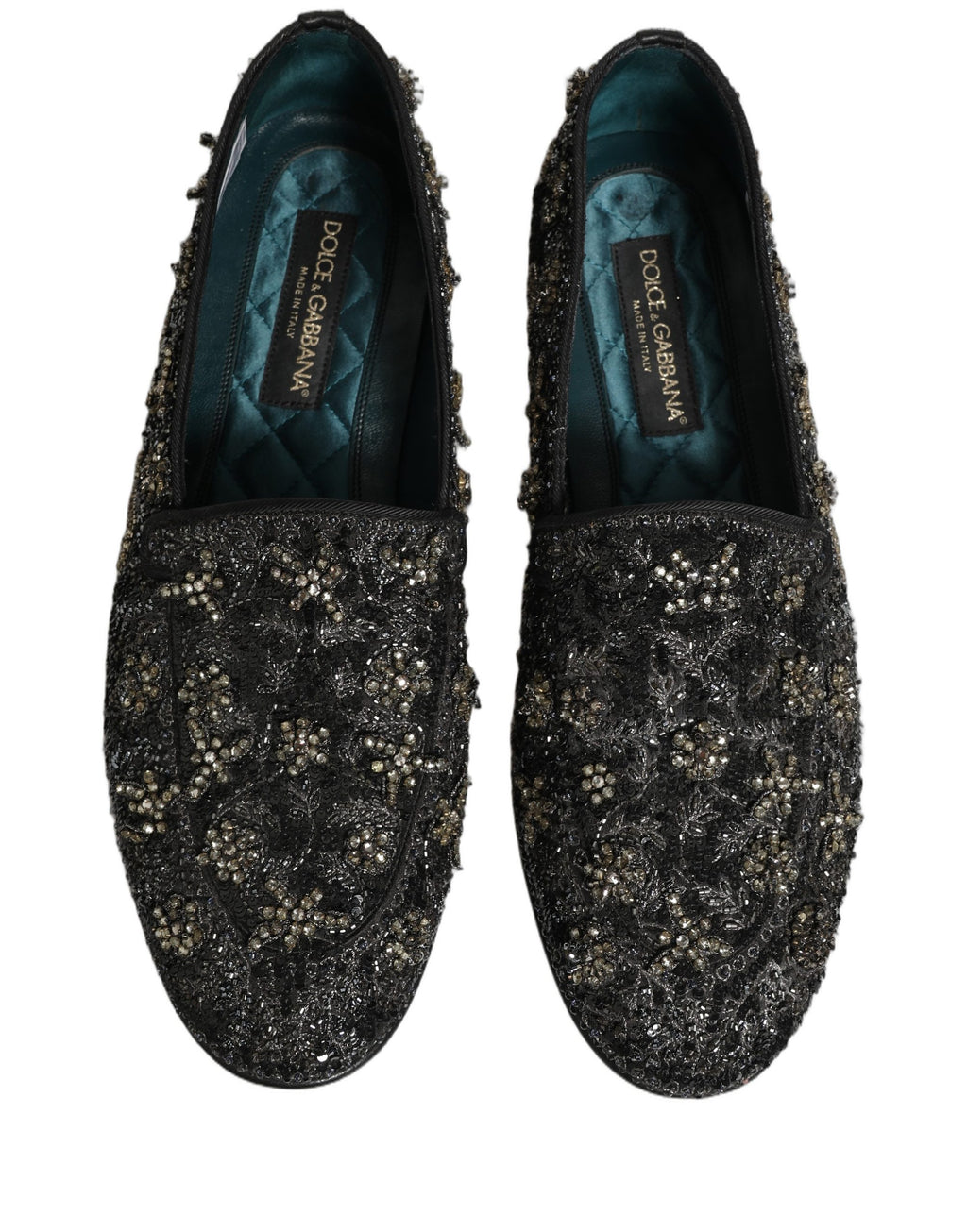 Chaussures mocassins noires Dolce & Gabbana ornées de strass brillants et embellissements en rhinestones.
