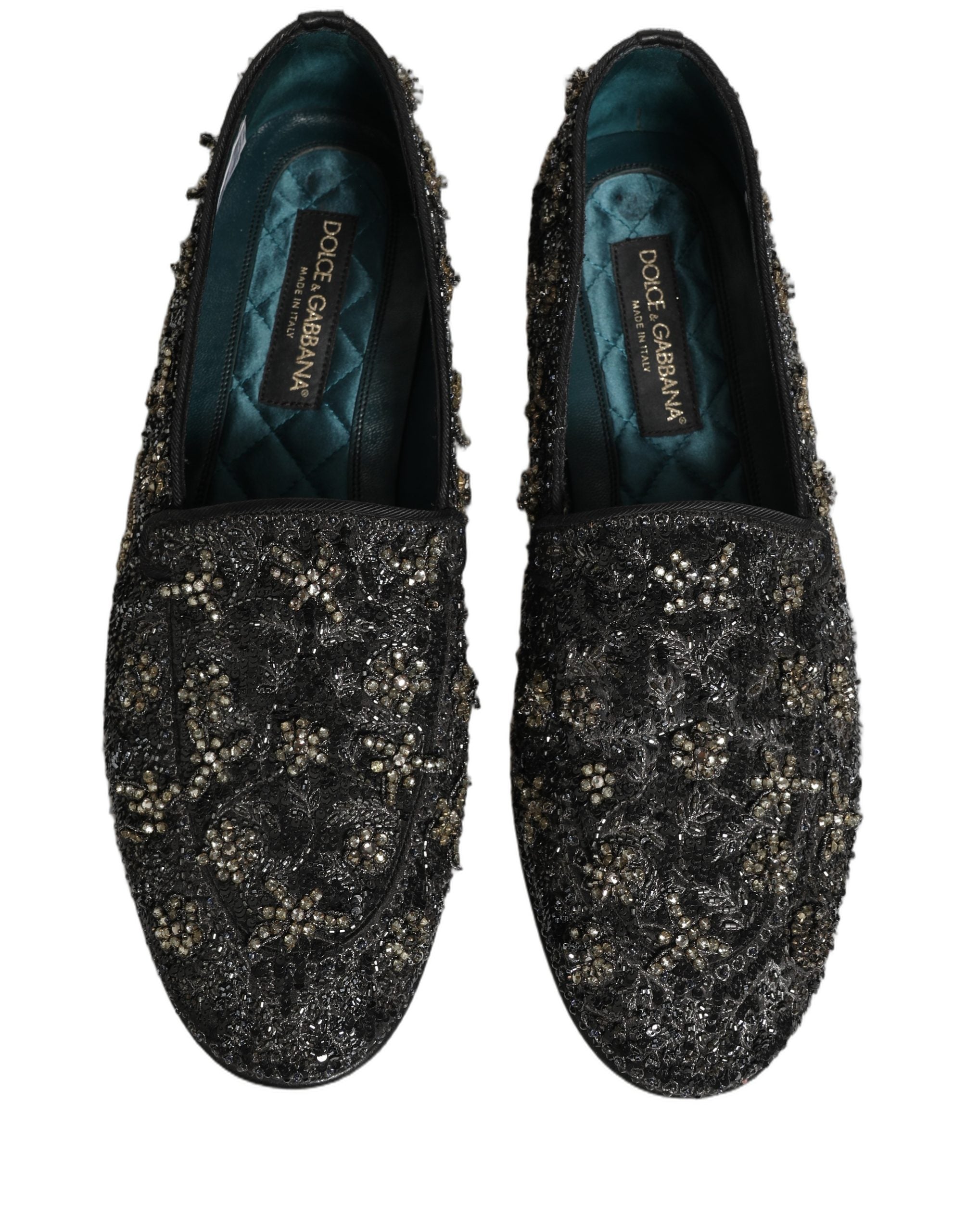Chaussures mocassins noires Dolce & Gabbana ornées de strass brillants et embellissements en rhinestones.