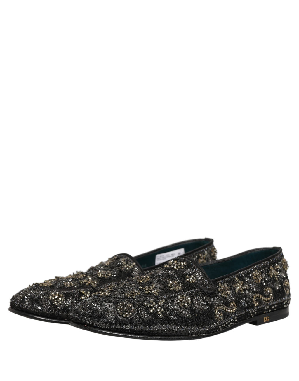 Mocassins noirs Dolce & Gabbana ornés de strass brillants et embellis, chaussures élégantes en cuir avec détails scintillants.