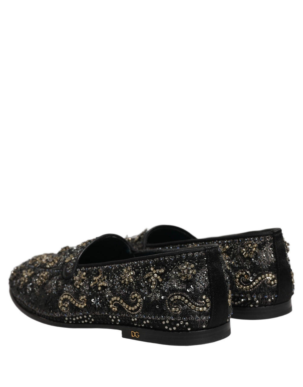 Chaussures mocassins Dolce & Gabbana noires ornées de strass brillants et embellissements en rhinestones.