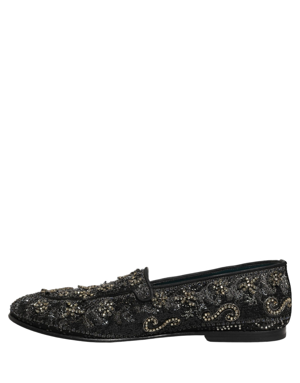 Chaussures loafers Dolce & Gabbana noires ornées de strass brillants et embellissements en rhinestones, élégantes et sophistiquées.