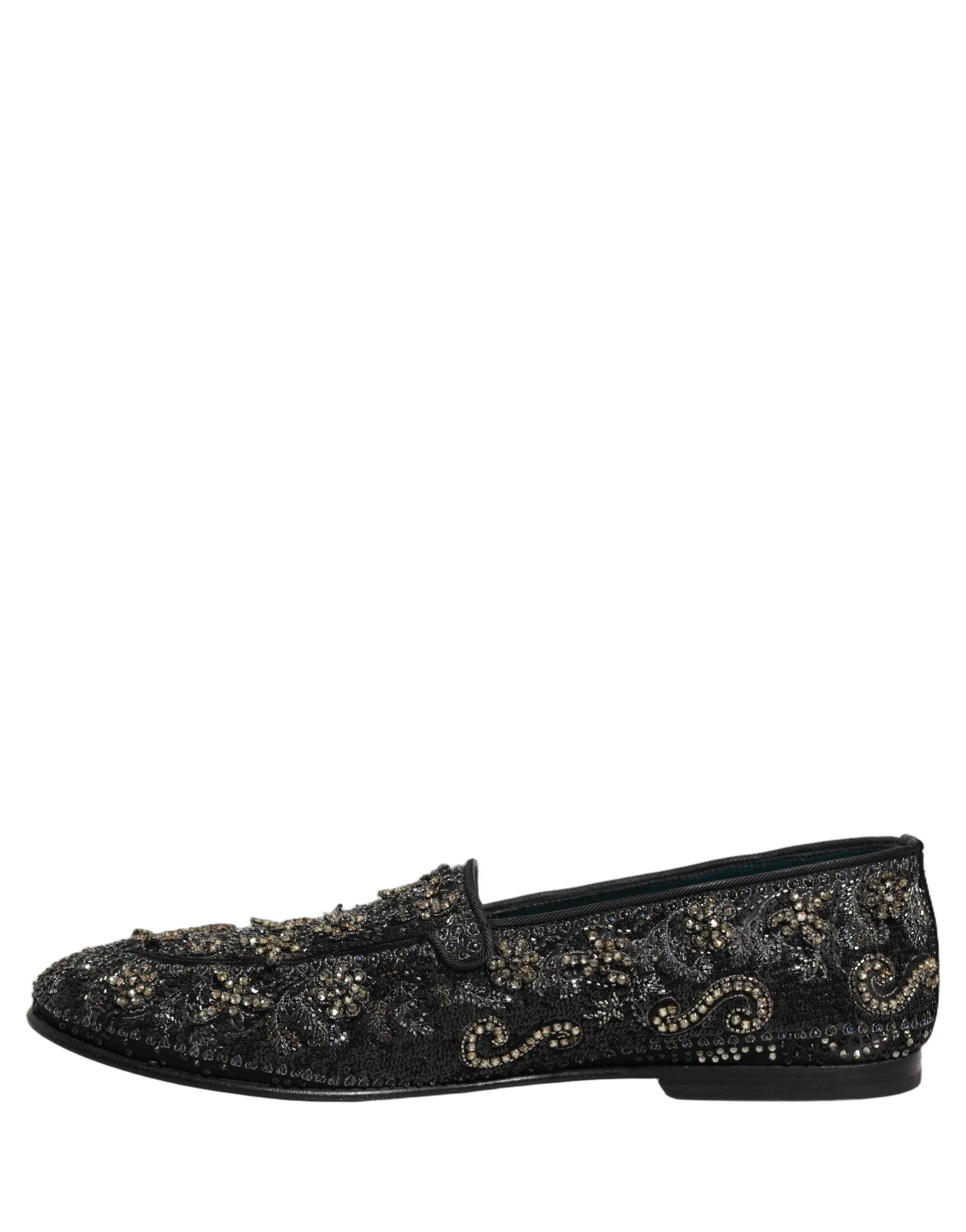 Chaussures loafers Dolce & Gabbana noires ornées de strass brillants et embellissements en rhinestones, élégantes et sophistiquées.