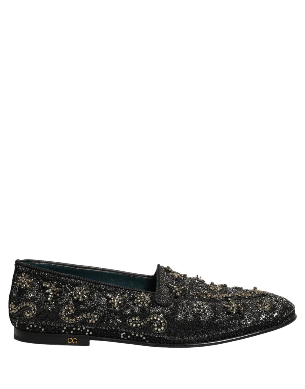 Chaussures mocassins Dolce & Gabbana noires ornées de strass brillants et embellissements en cristaux, élégantes et sophistiquées.