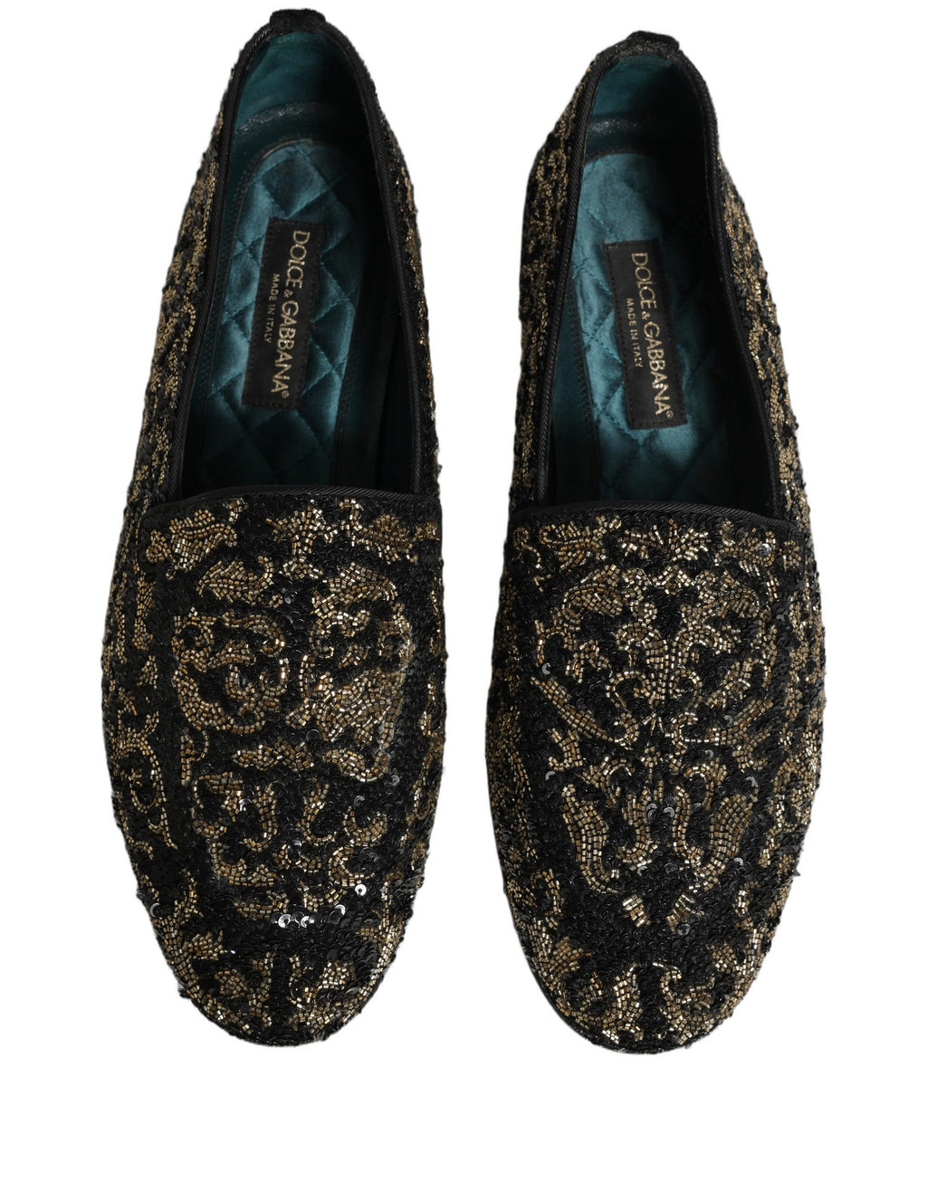 Chaussures loafers Dolce & Gabbana noires et or ornées de détails brillants, élégantes et sophistiquées.