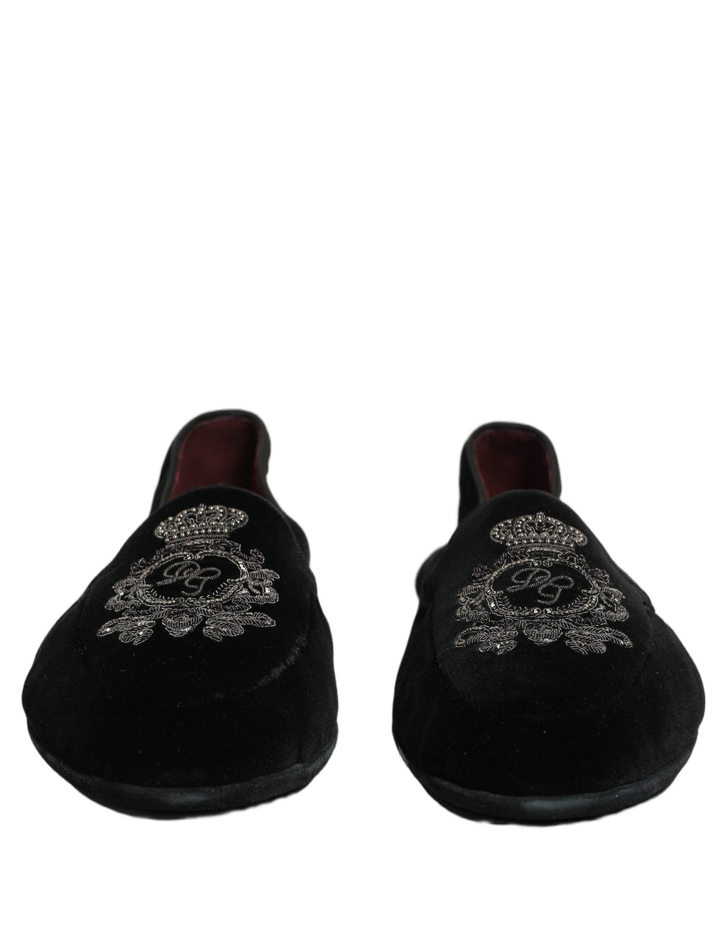 Chaussures mocassins Dolce & Gabbana en velours noir avec broderie de couronne, élégantes et sophistiquées.