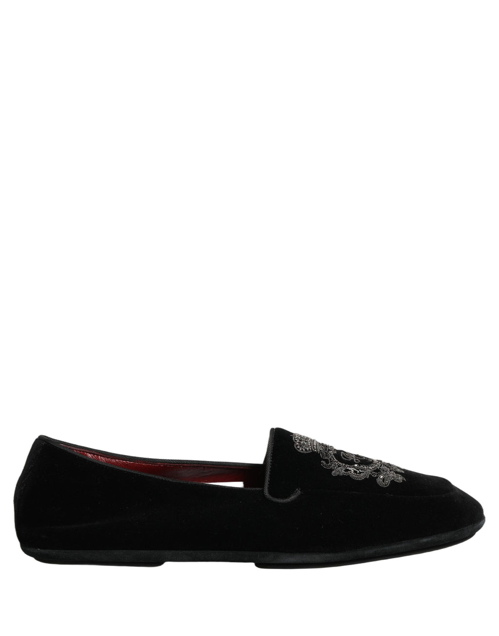 Mocassins Dolce & Gabbana en velours noir avec broderie de couronne, détails élégants et finition raffinée.