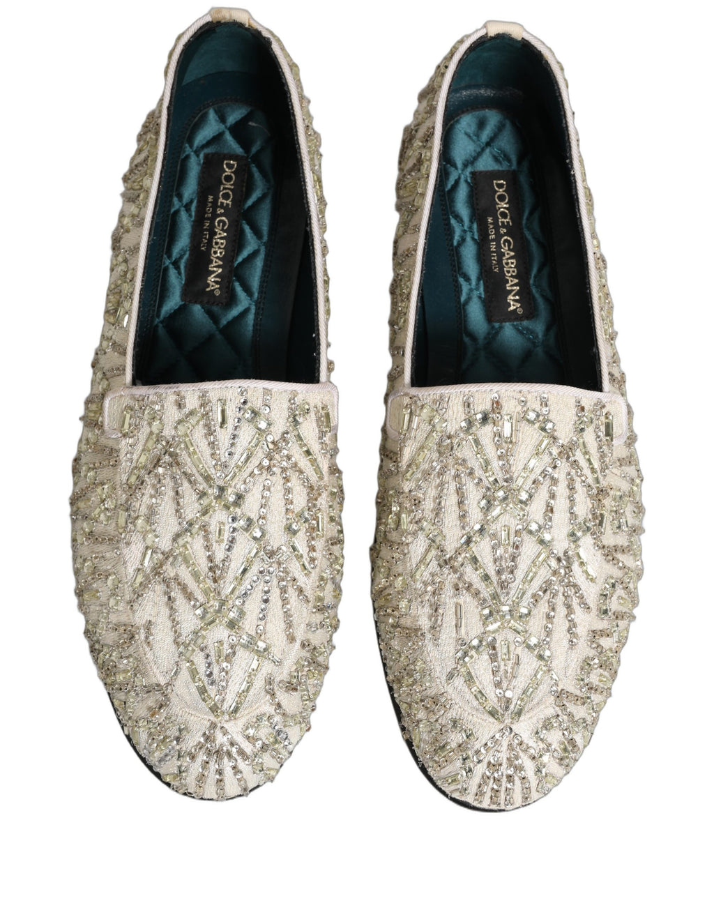 Chaussures loafers Dolce & Gabbana en velours blanc brodé, élégantes et sophistiquées pour femmes.