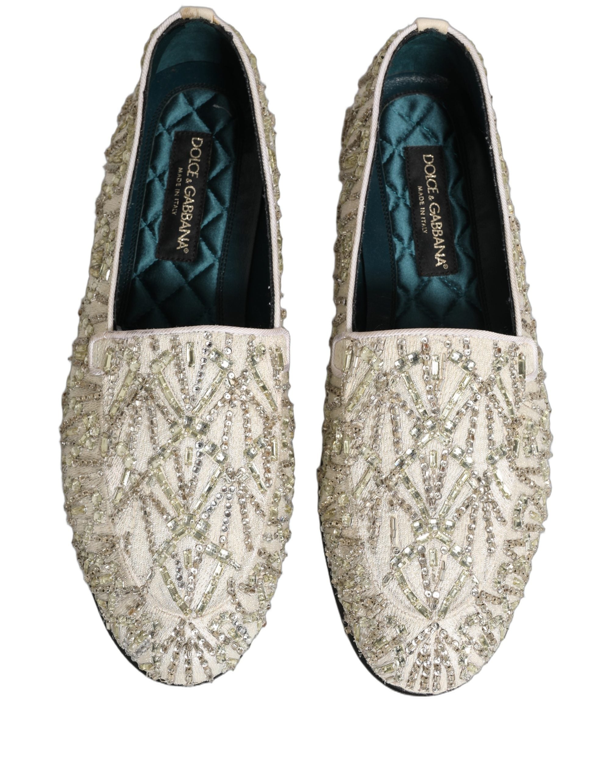 Chaussures loafers Dolce & Gabbana en velours blanc brodé, élégantes et sophistiquées pour femmes.