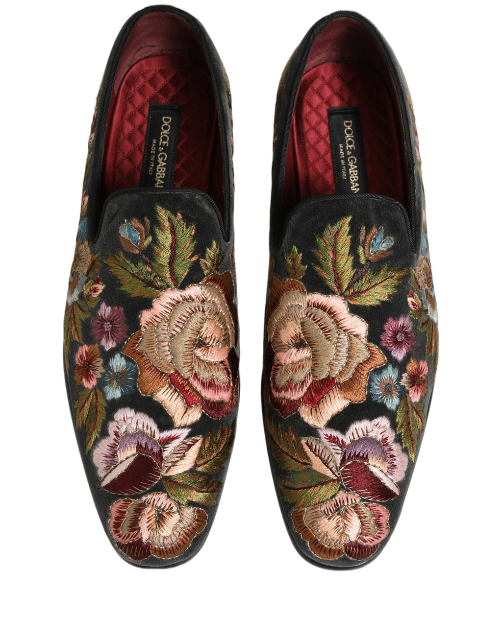 Chaussures loafers en velours noir Dolce & Gabbana avec broderie florale élégante.
