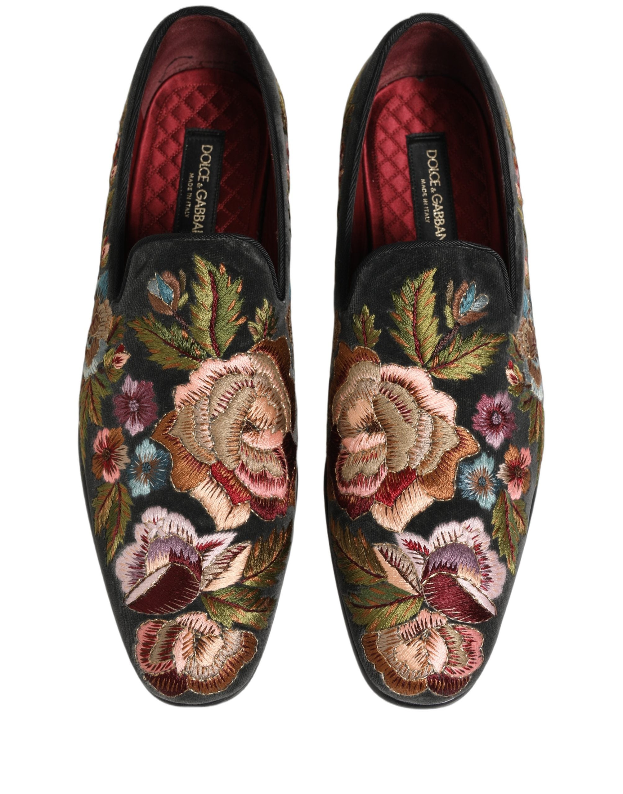 Chaussures loafers en velours noir Dolce & Gabbana avec broderie florale élégante.