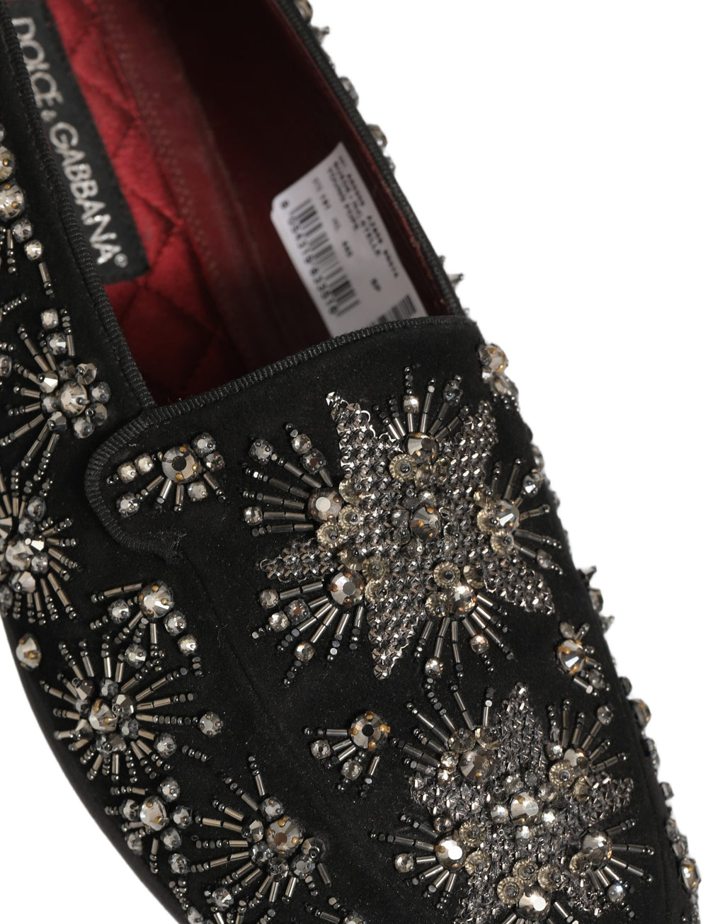 Chaussures mocassins Dolce & Gabbana noires à cristaux ornés, style élégant et sophistiqué pour femme.