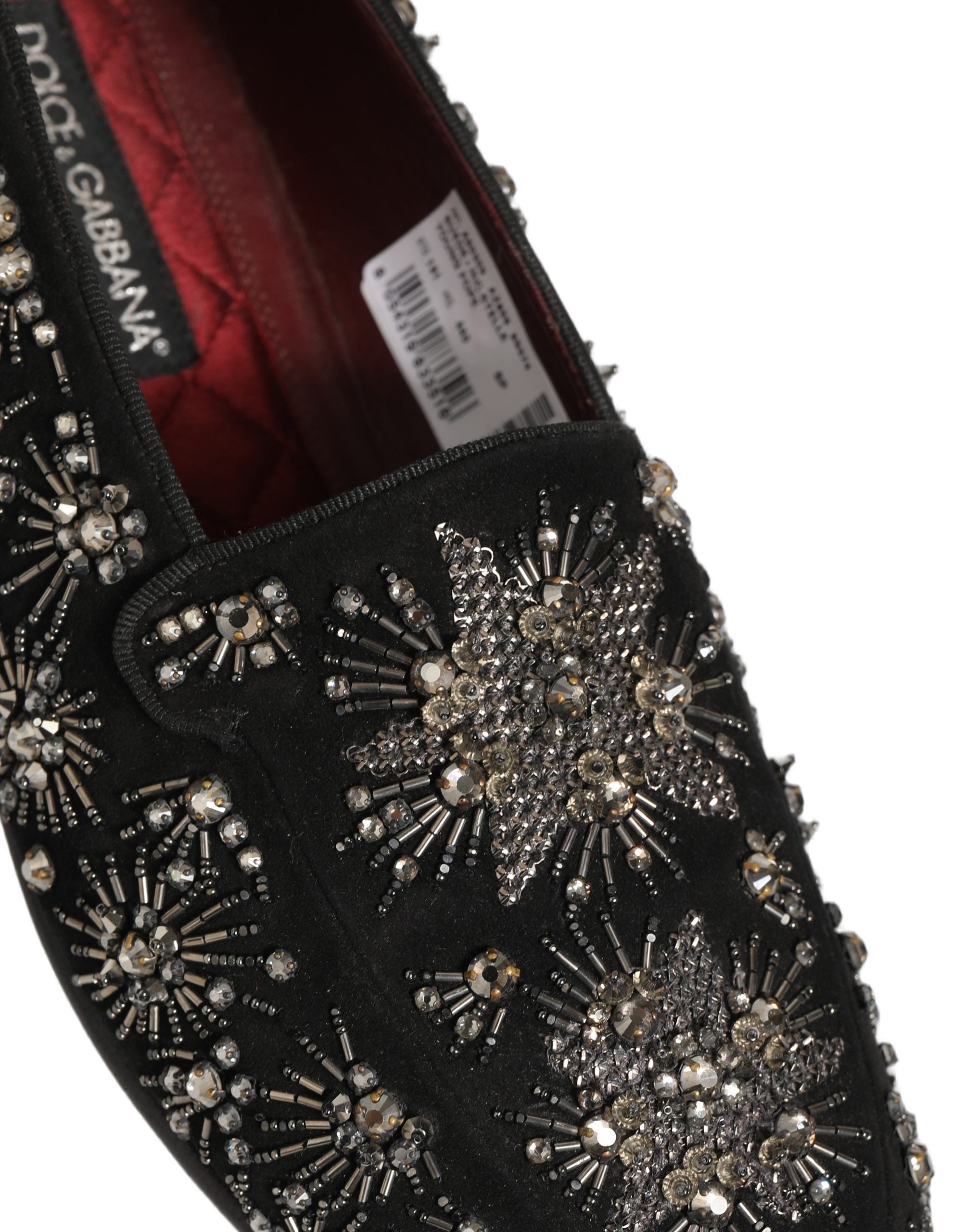 Chaussures mocassins Dolce & Gabbana noires à cristaux ornés, style élégant et sophistiqué pour femme.