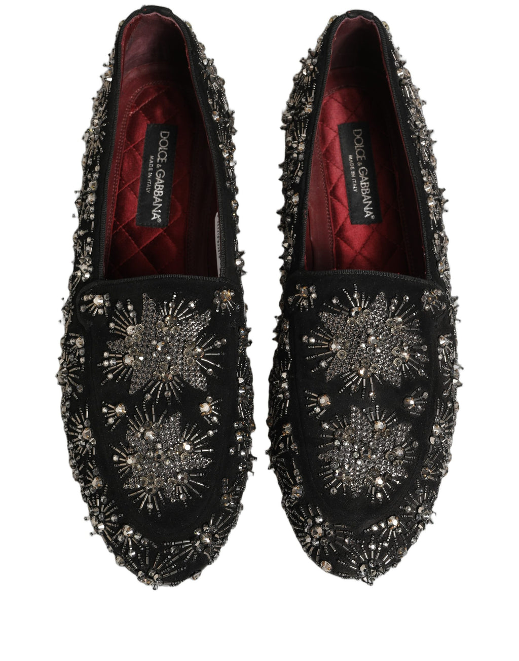 Chaussures loafers Dolce & Gabbana noires à cristaux ornés, élégantes et sophistiquées, vues de face avec détails brillants.