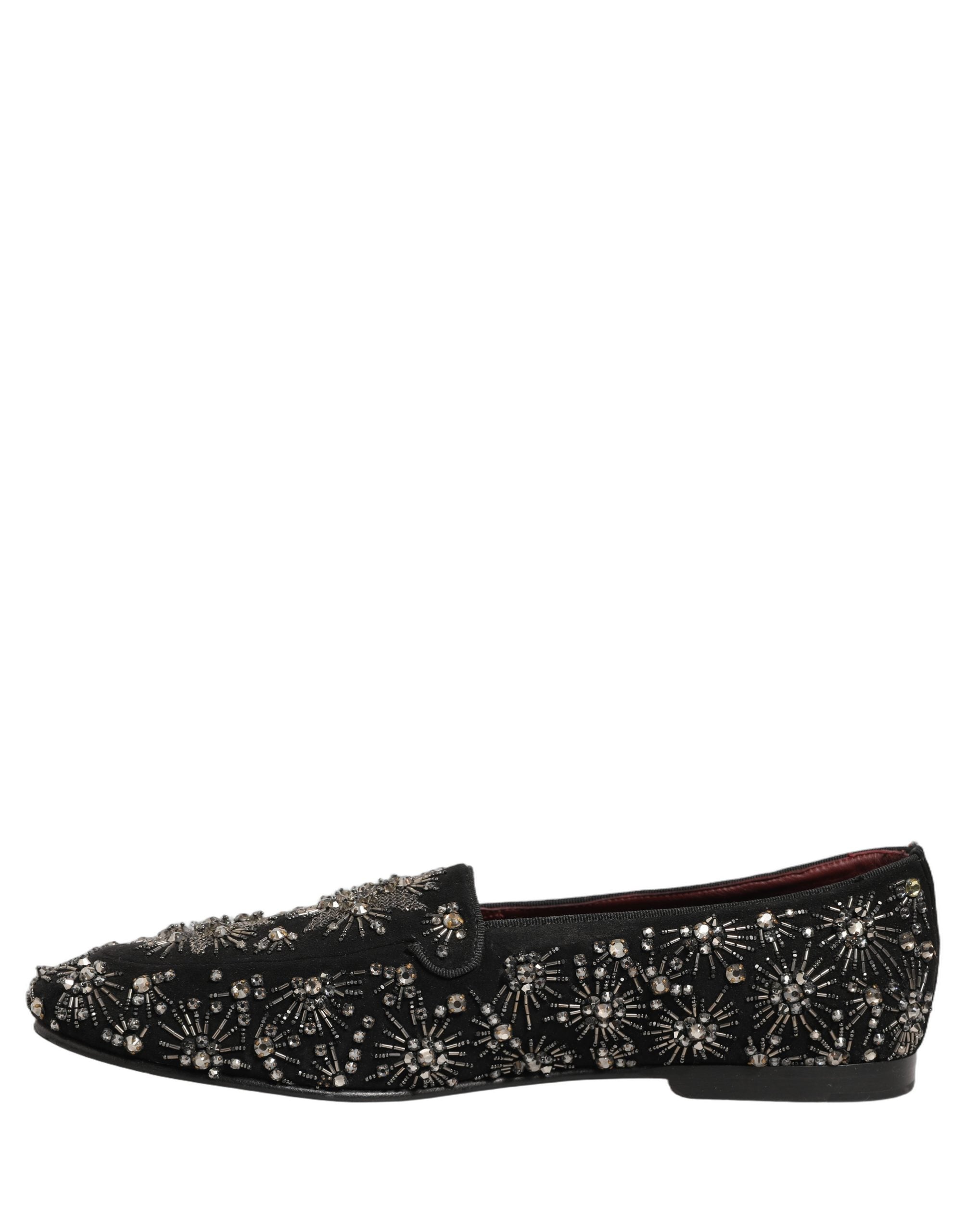 Chaussures Dolce & Gabbana loafers noires ornées de cristaux, détails élégants et sophistiqués, vue de face.