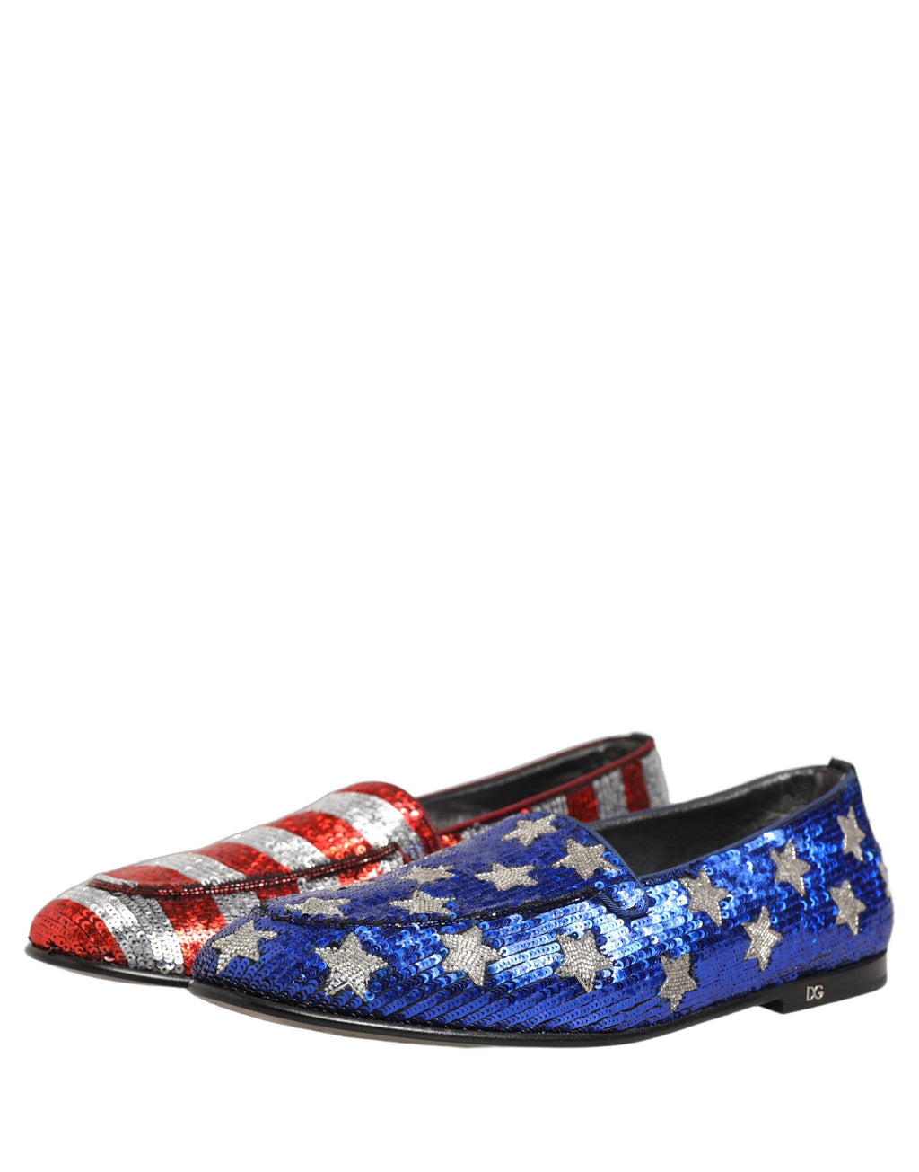 Chaussures loafers Dolce & Gabbana à sequins multicolores avec drapeau, style élégant et coloré.