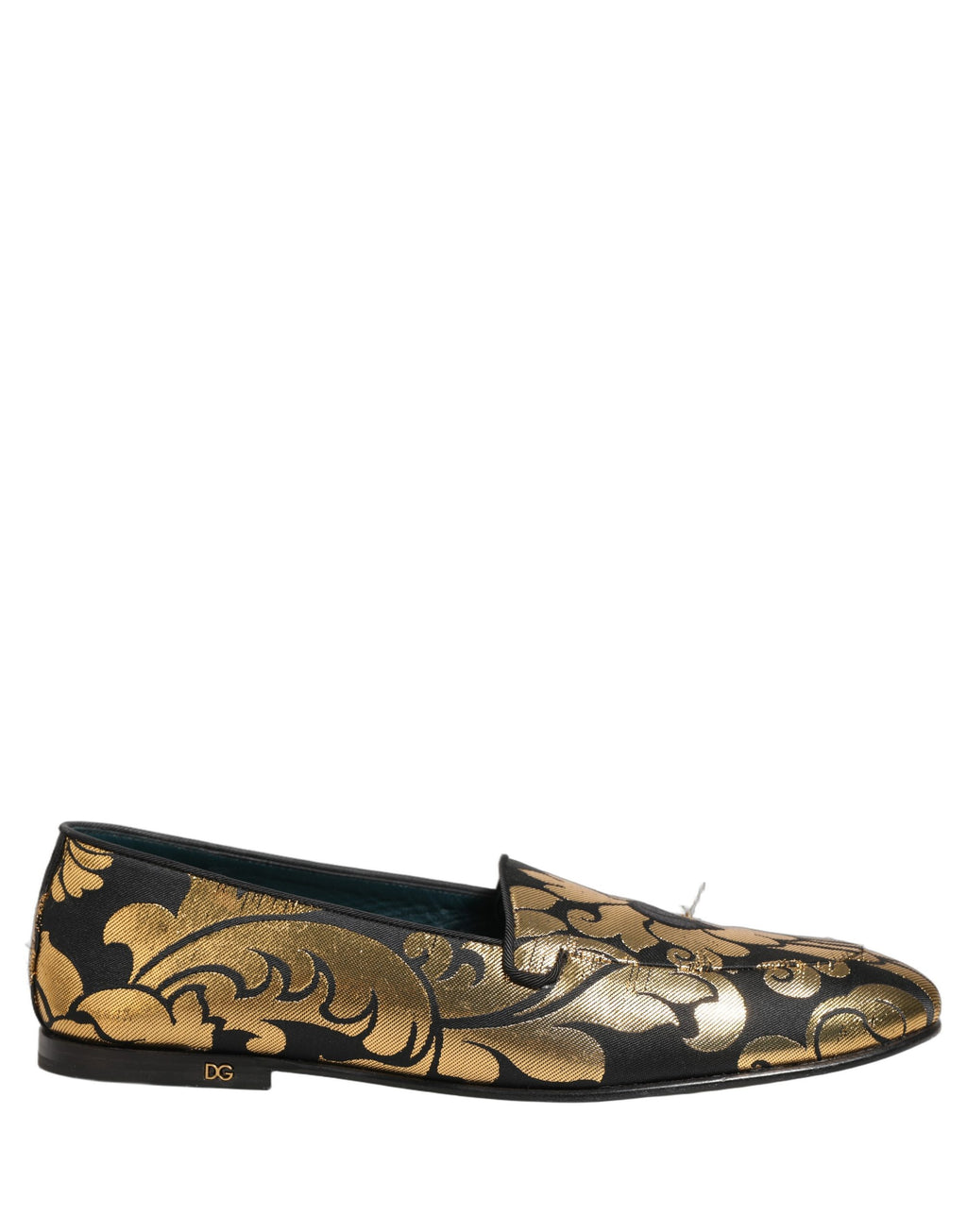 Chaussures Dolce & Gabbana en jacquard floral noir et or, robe élégante avec détails sophistiqués.