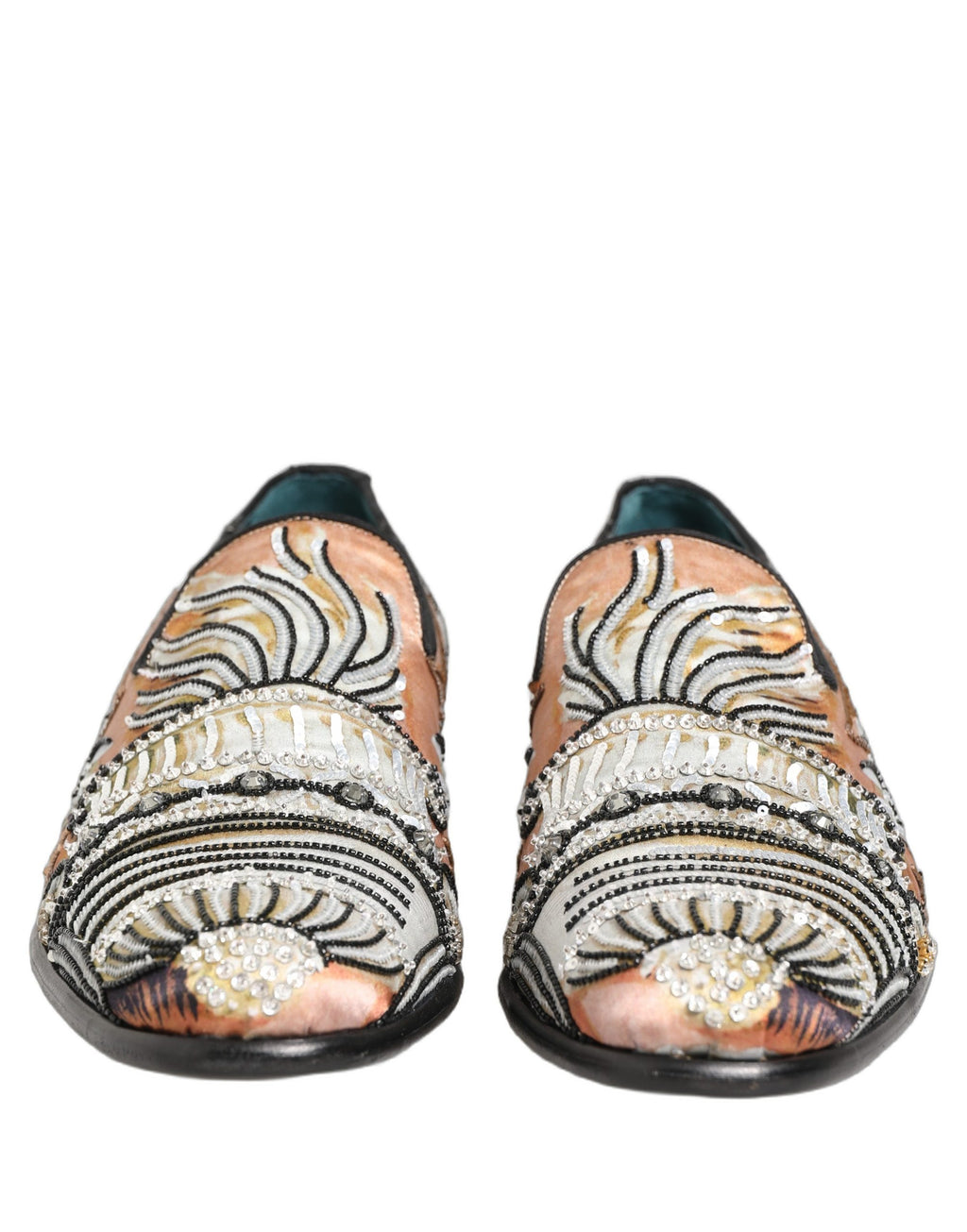 Chaussures loafers Dolce & Gabbana en brocart multicolore avec sequins, élégantes et sophistiquées.