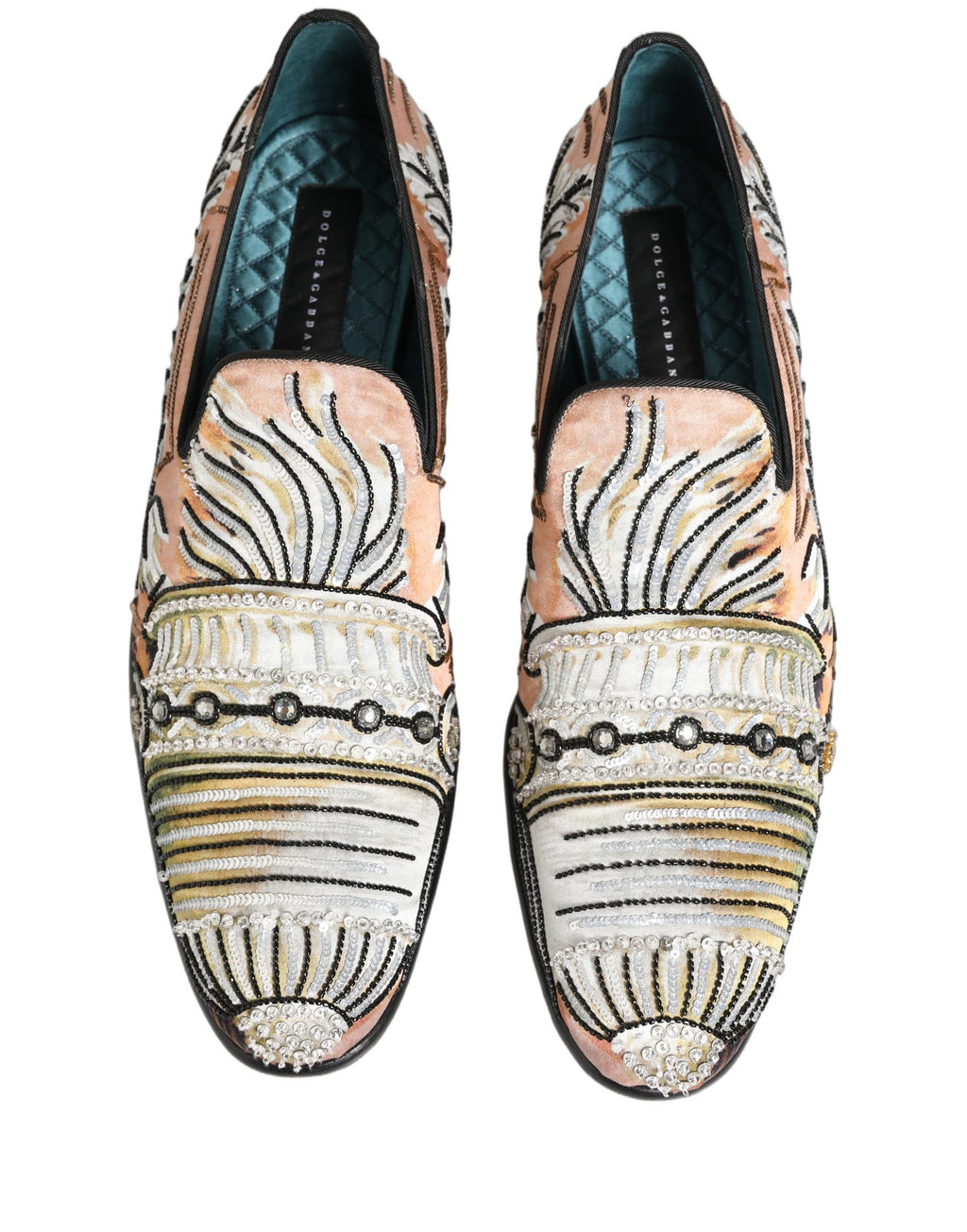Chaussures loafers Dolce & Gabbana en tissu brocart multicolore avec sequins, style élégant et sophistiqué.