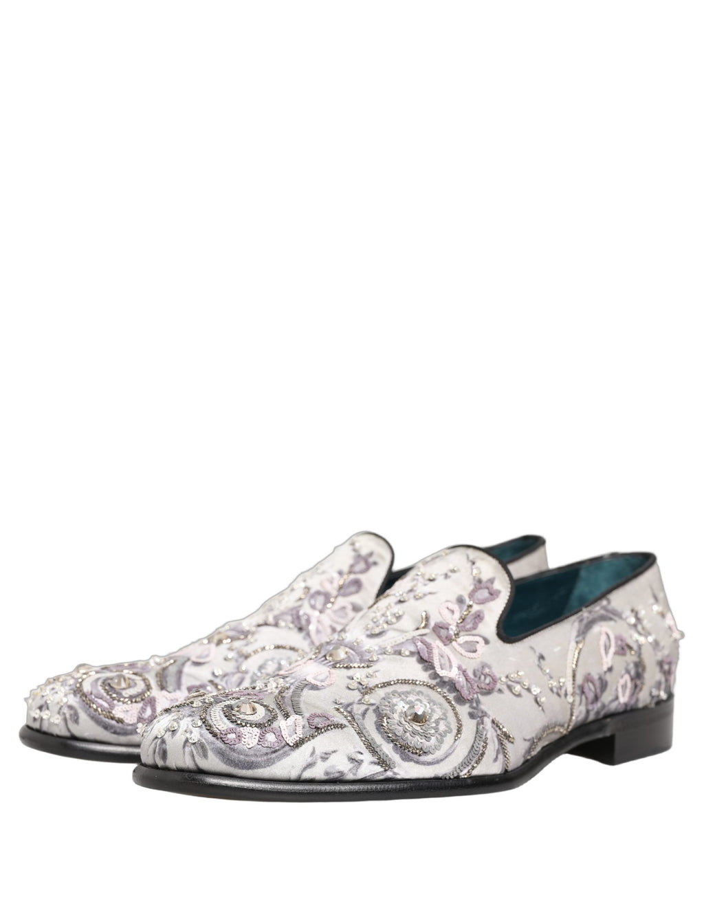 Chaussures D&G Dolce & Gabbana en daim blanc à sequins pour occasion formelle, slip-on élégants et brillants.